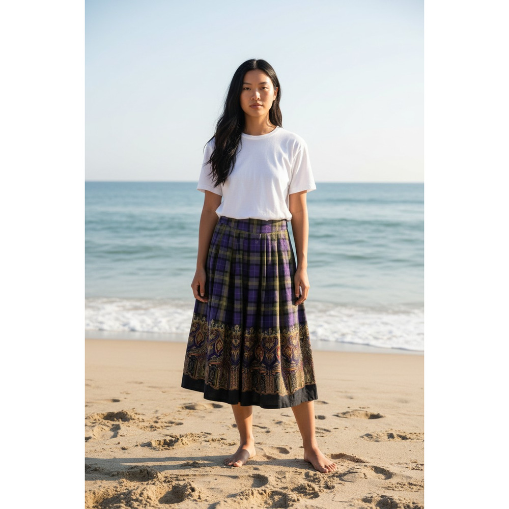 5325)Vtg 80s Leslie Fay Petite 6 Purple green Plaid Border Trim Midi Skirt